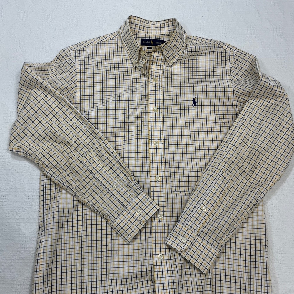Polo Ralph Lauren Mens Classic Fit Tattersall Check Shirt Yellow‎ Navy Blue M
